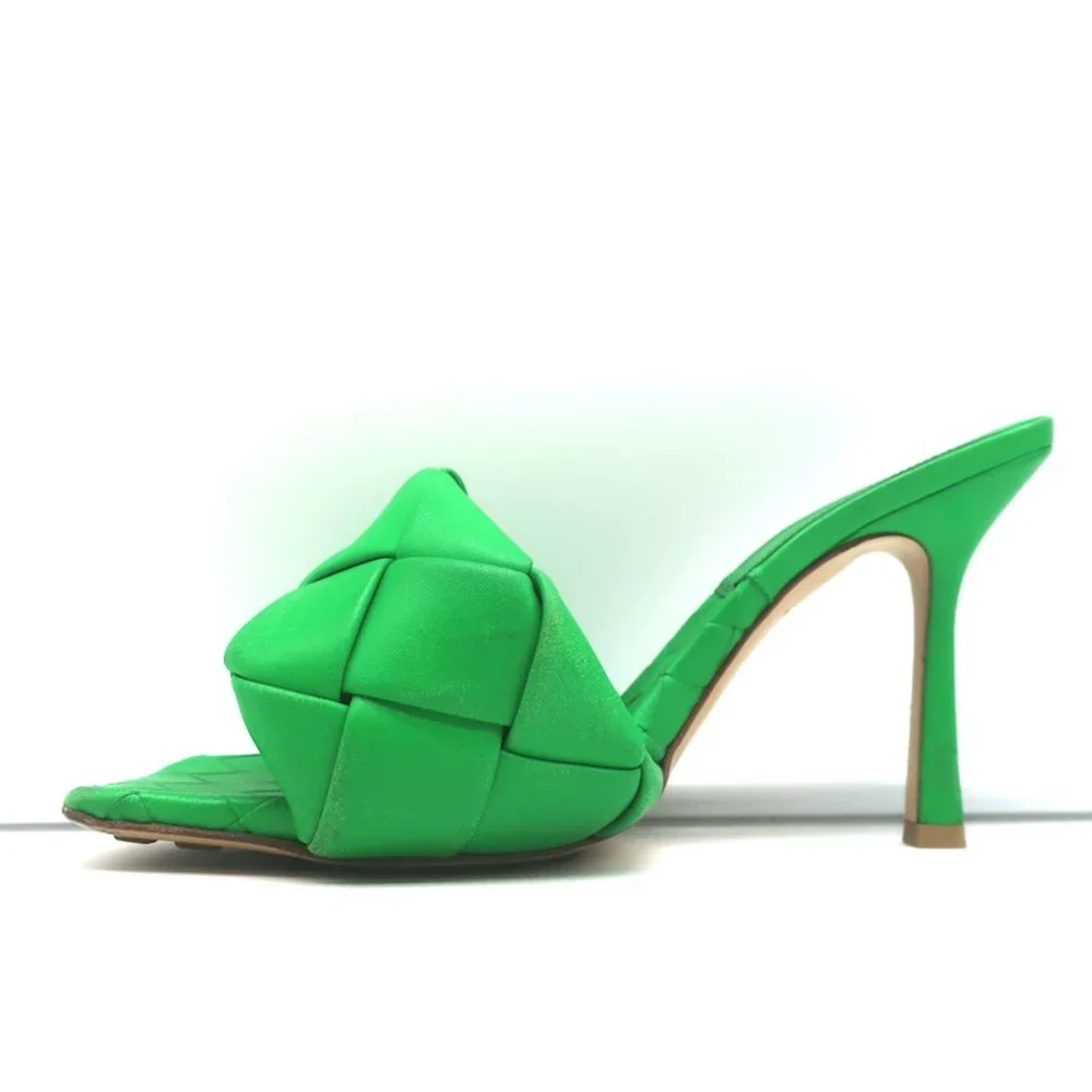 BOTTEGA VENETA LIDO MULES GRASS INTRECCIATO LEATHER SIZE 37.5 HIGH HEEL SANDALS - Picture 8 of 12